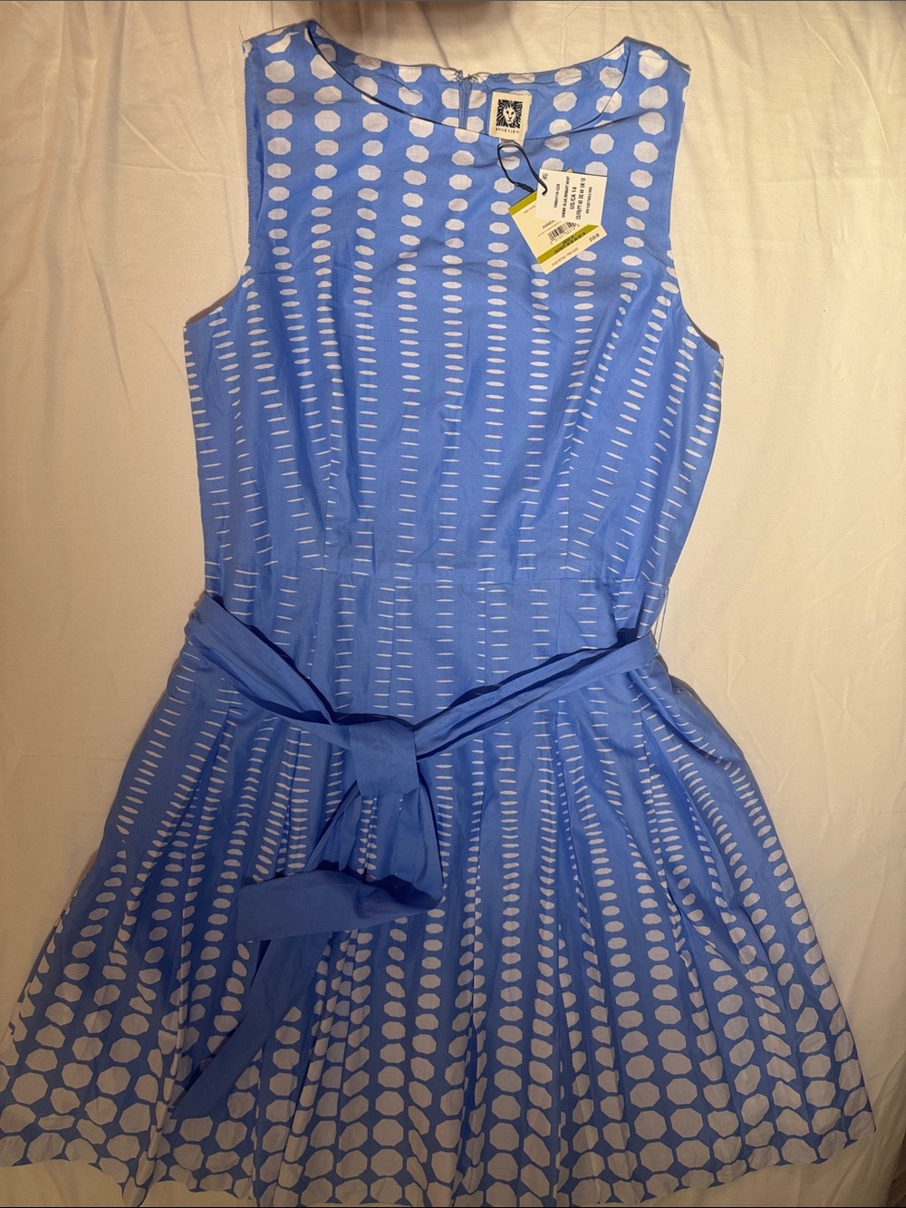 Anne Klein Blue Polka Dot Fit & Flare Dress with Tie Belt